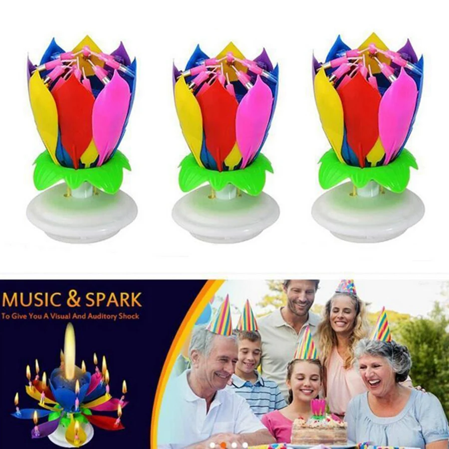 3 Pack Musical Birthday Candle Multicolor Musical Candle Lotus Rotation Play Music Colorful Music Birthday Candle