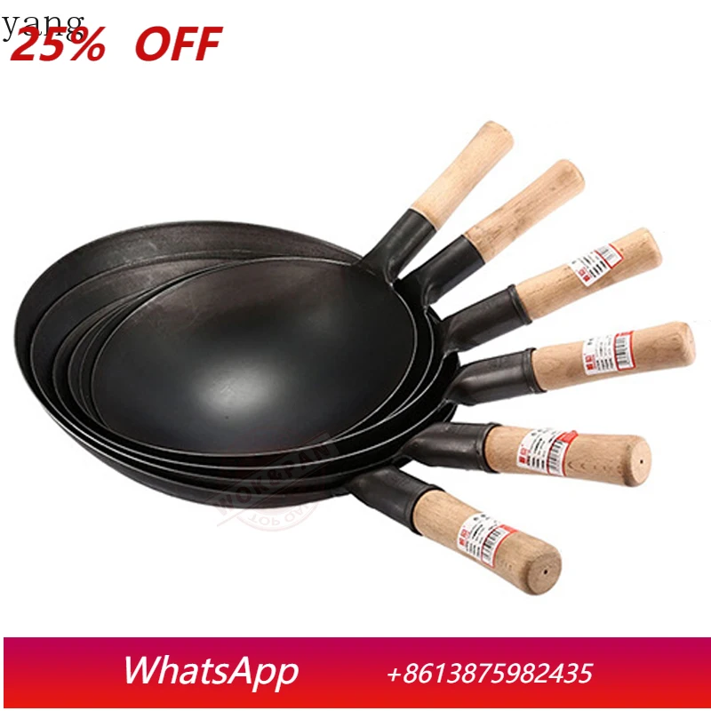 32cm Carbon Steel Wok,Wooden Handle Uncoated Cooking Woks,Round Bottom Kitchen Cookware for Gas Stoves