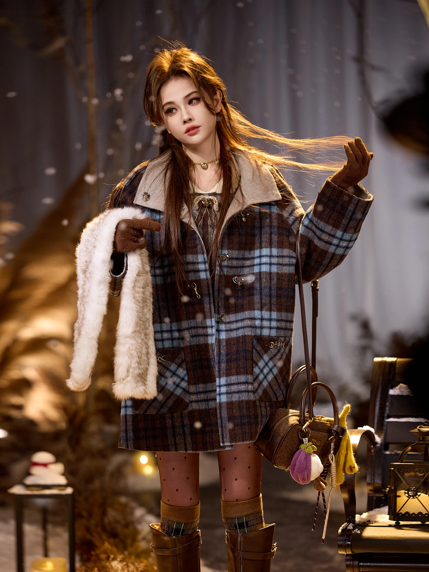 

Двустороннее шерстяное пальто в клетку TUNT для осени и зимы, роскошное повседневное длинное пальто в стиле британского люкса для молодых женщин