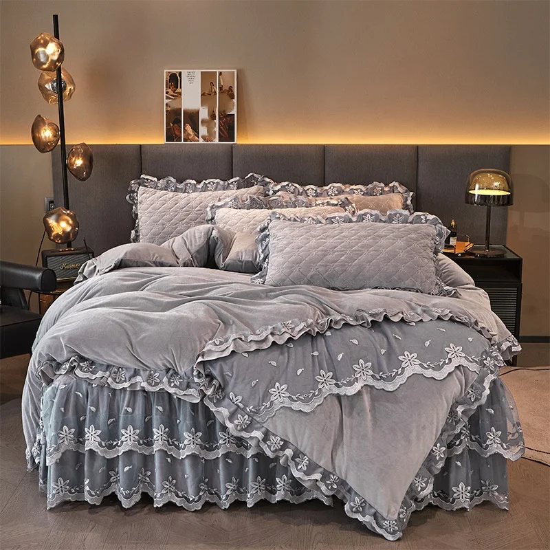 Luxury Warm Winter Plush Fluffy Milk Velvet Bed Skirt Duvet Cover for Winter Warm Flannel Bedding Set 4pcs Set