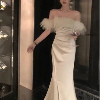 프랑스 여성용 빈티지 럭셔리 템퍼러먼트 드레스, 섹시한 패치워크 슬래시 넥, 오프 숄더 붕대, 백리스 슬림 파티 원피스 숙녀