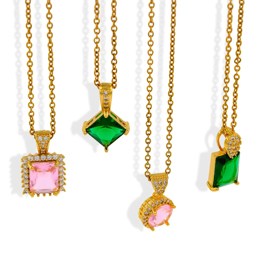 DIY accessories European and American light luxury new stainless steel O-chain inlaid with pink and green zircon pendant necklac