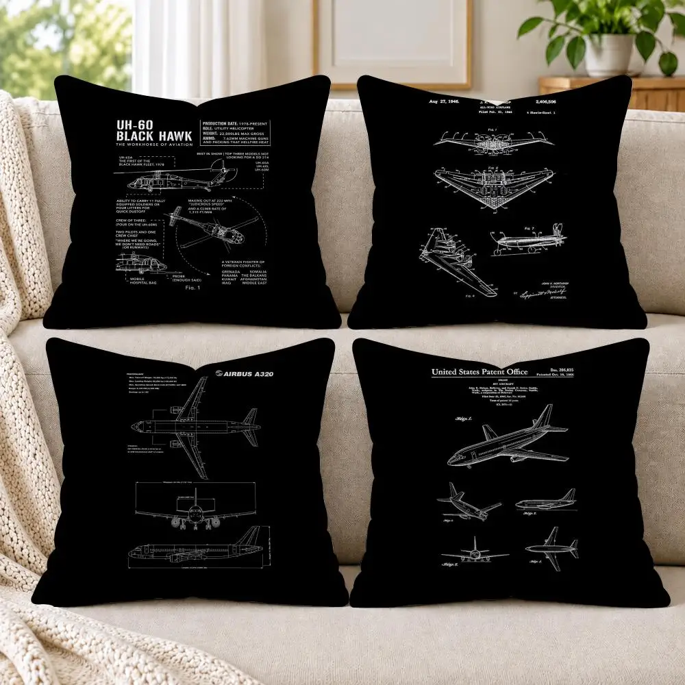 Air Vehicle Patent Cushion Cover Linen Fabric Double-Sided Printing Sofa Living Room Throw Pillow Case Home Decor
