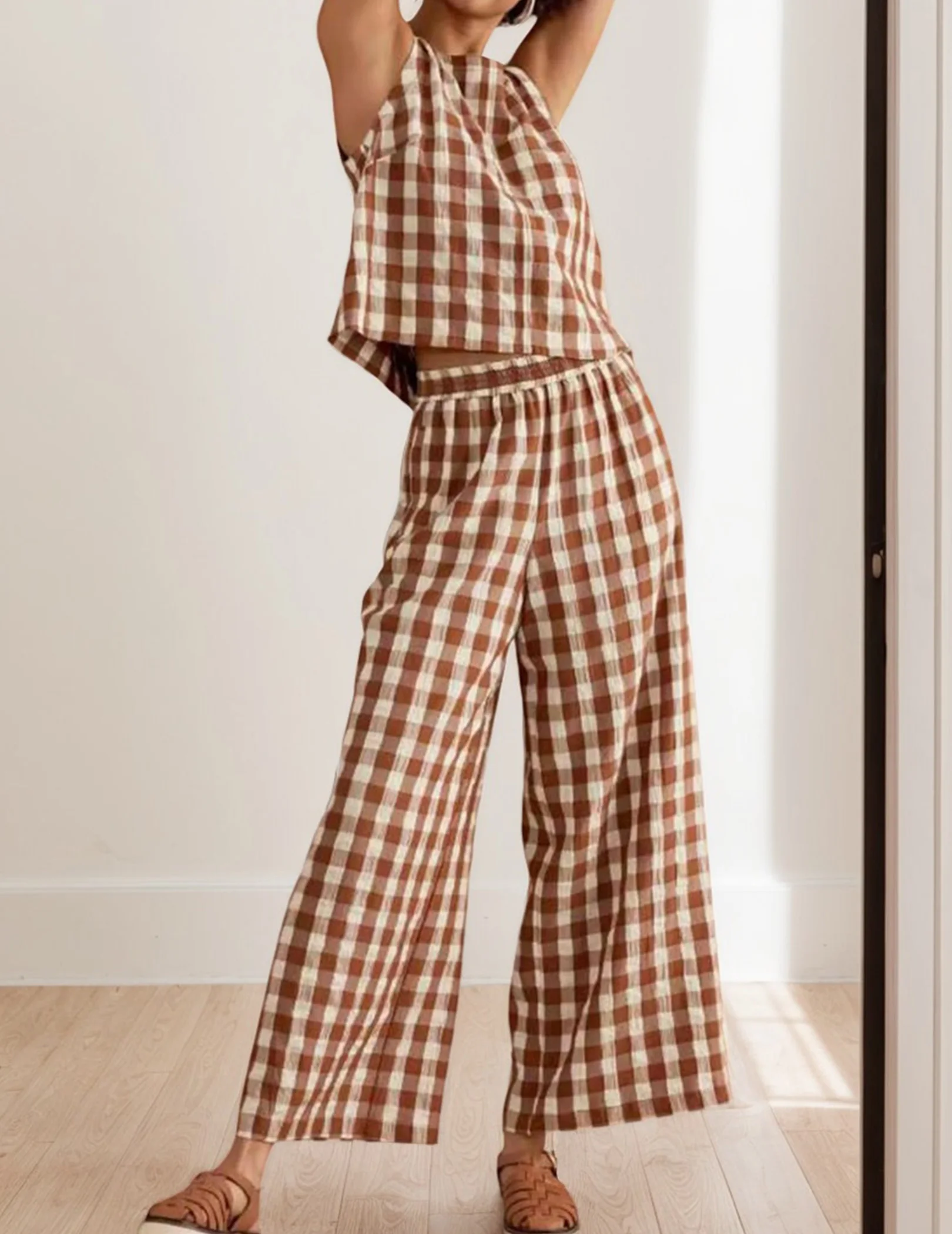 ملابس نسائية صيفية مكونة من قطعتين بدون أكمام، توب فضفاض واسع الساق، طقم صالة القماش القطني لقضاء عطلة السفر #4