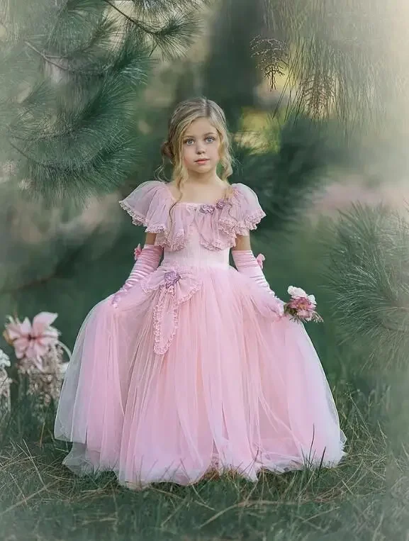 

Pink Flower Girl Dresses for Wedding With Bow Flower Ruffles Girl Kids Birthday Party First Holy Communion Gown Customized