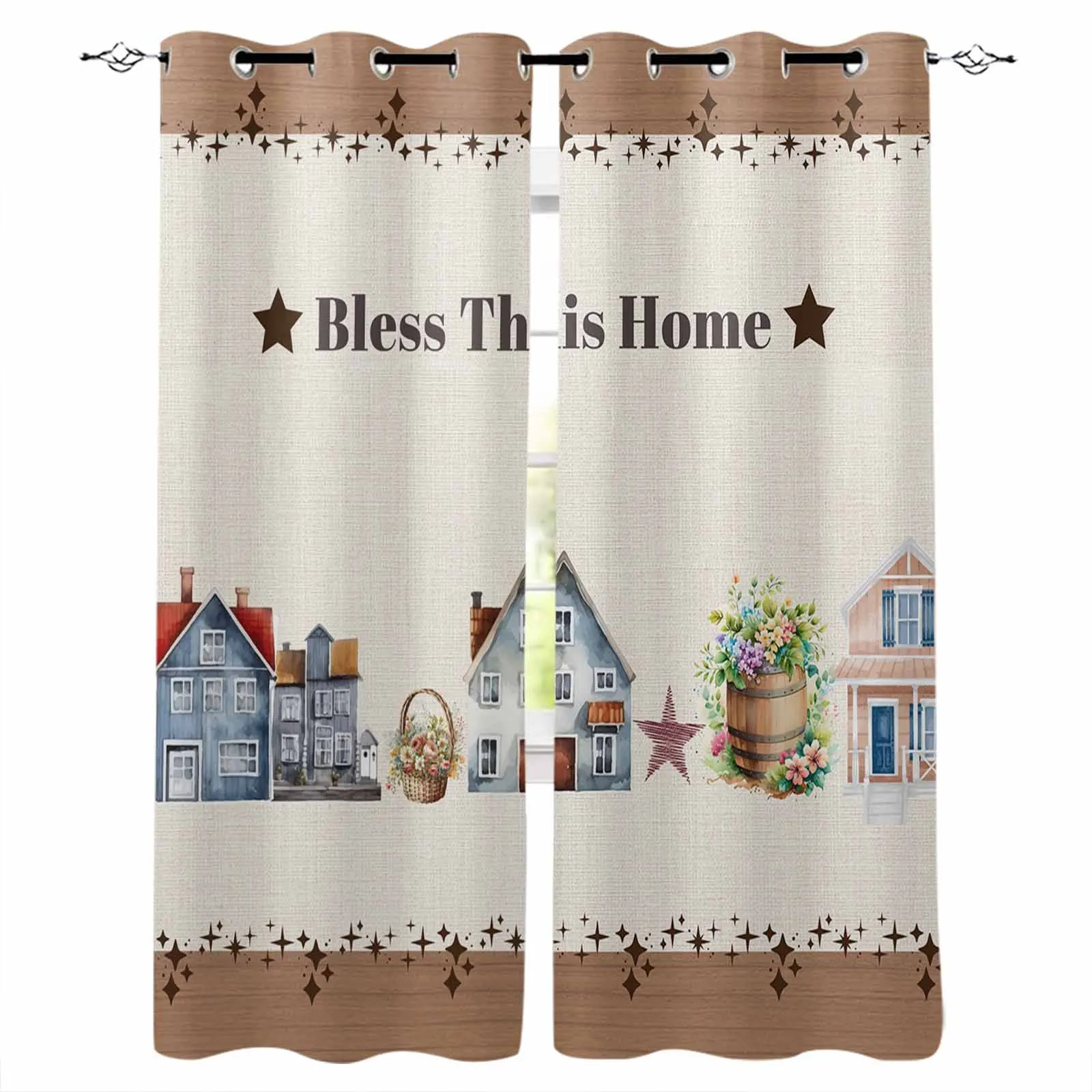 Watercolor House Stars Wood Grain Window Curtains for Living Room Kitchen Curtain Bedroom Decorative Window Treatments