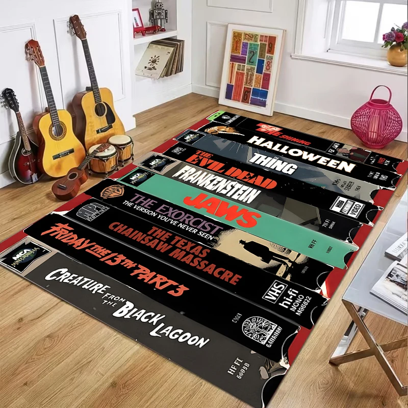 Retro VHS Tape Inspired Area Rug, Soft Non-Slip Washable Stain-Resistant Floor Mat for Movie Room, Bedroom and Living Room Decor