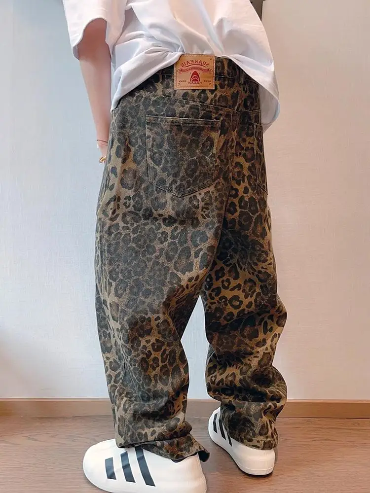 

Retro American Leopards Print Loose Men's Jeans Straight Leg Workwear Design Casual Breathable Long Pants Autumn Season