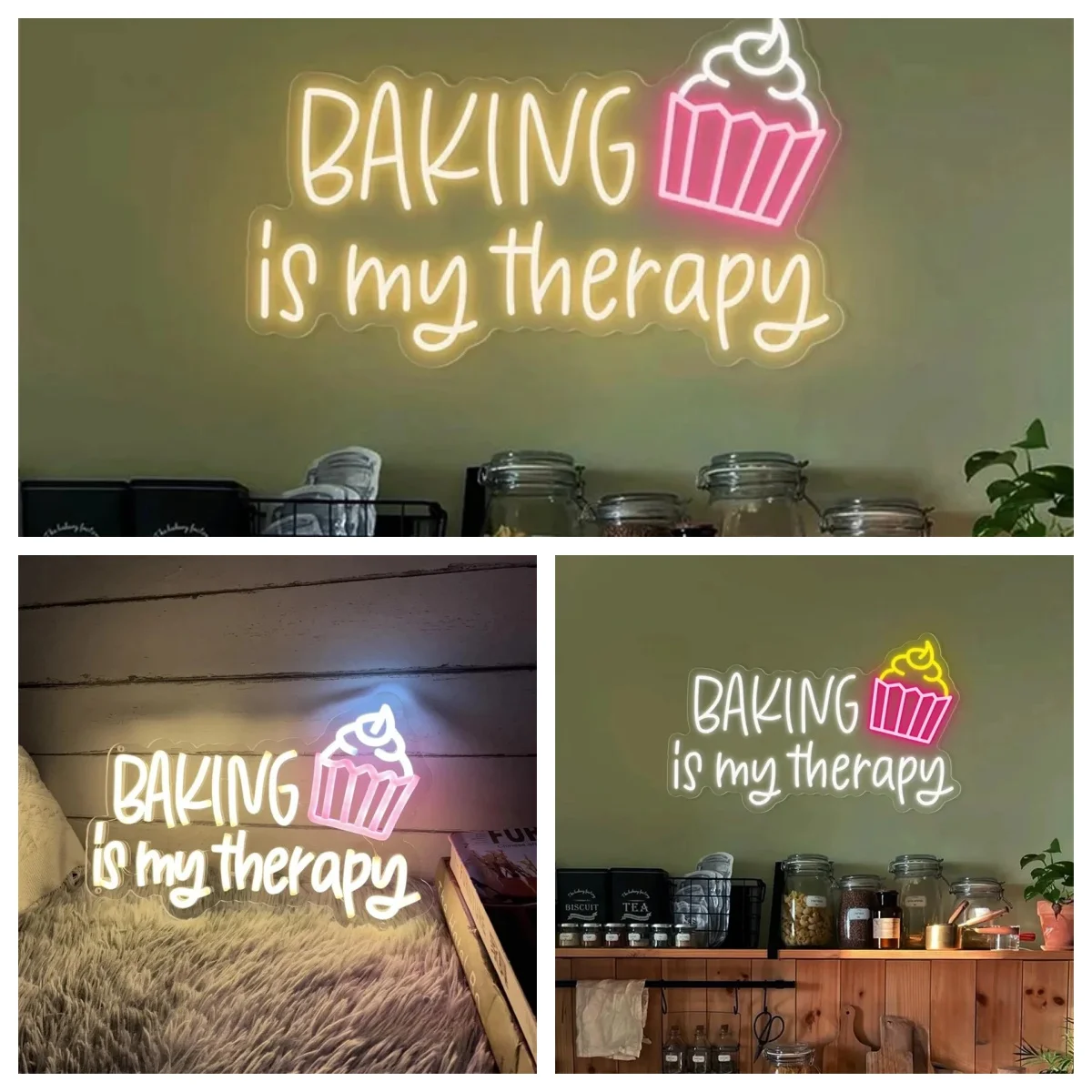 Baking Is My Therapy Neon Sign, Custom Bakery Shop House LED Neon Light Cupcake Coffee Bar Kitchen Wall Decor Gift For Mom