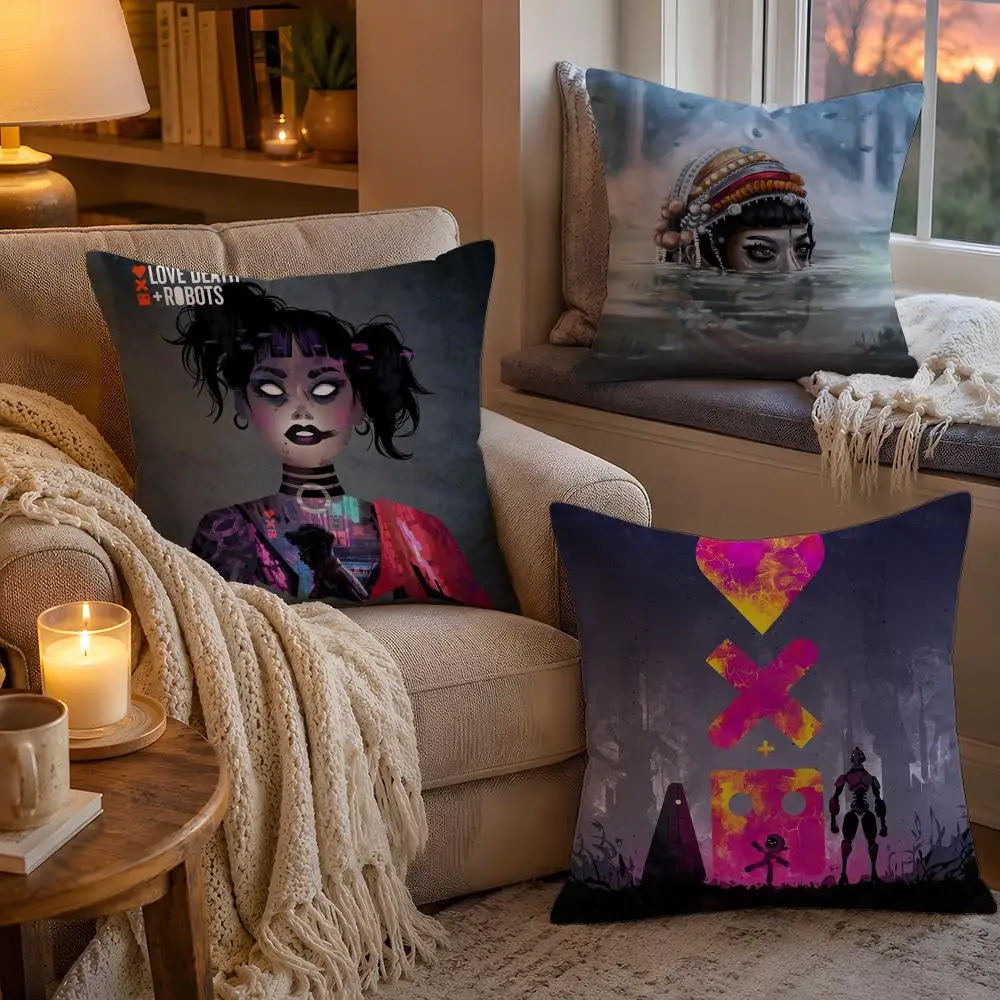 Love D-Death Robots Cushion Cover 1pc Square Pillow Cover Soft Plush Fabric Removable Washable Sofa Chair Bed Decoration