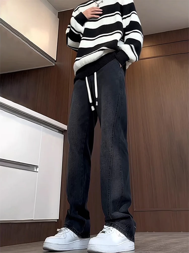 

Elastic Waist Corduroy Jeans Men's Autumn Winter Thiened Fce Waed American Retro Straight Leg Micro Flared Pants