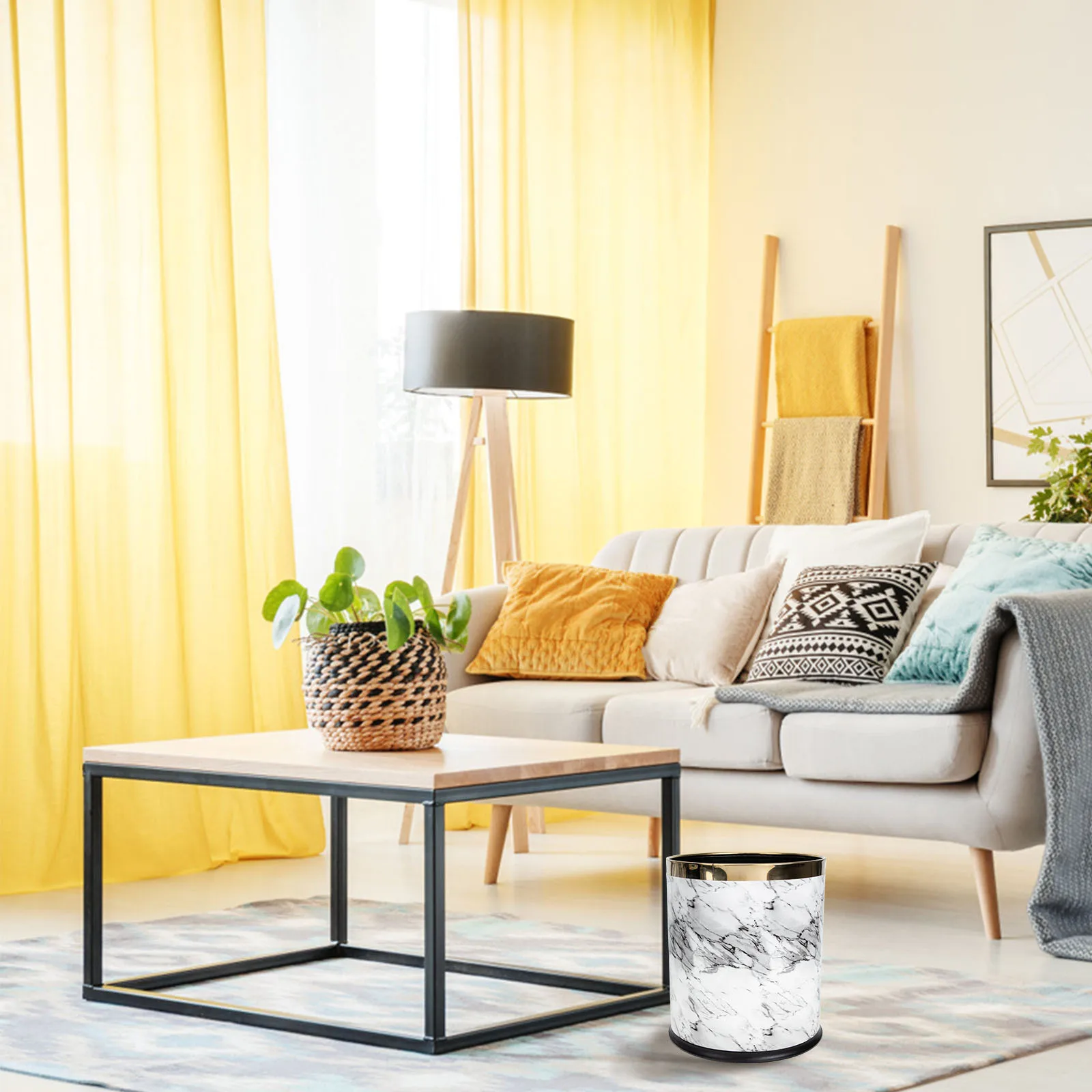 Cubo de basura veteado, diseño sin tapa para el hogar y la Oficina, contenedor de basura redondo de mármol, Base antideslizante