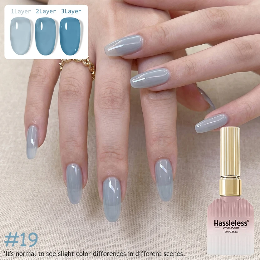 Hassleless #19 Jelly Dusty Blue UV Gel 15ml, 3-Layer Gradient Sheer Tone, Soak-Off Glossy Gel for Salon & Home DIY Nails