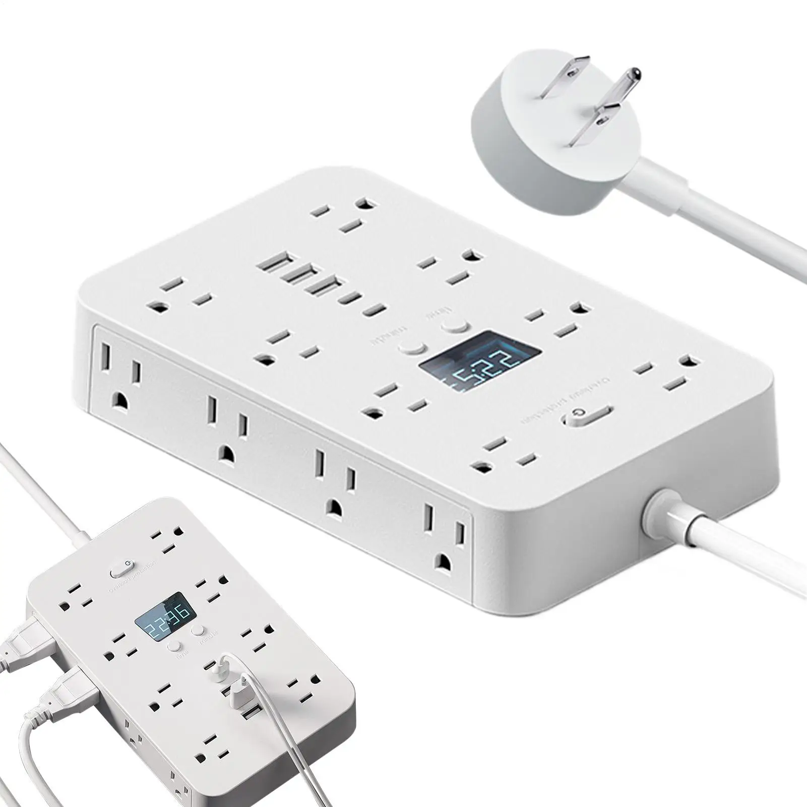 

Энергетическая полоса с плоской вилкой, 11 розеток переменного тока, сверхмощная, 4,9 фута, 3 USB-порта, энергетическая полоса с дисплеем времени для стены, общежития, автомобиля, дома, путешествий