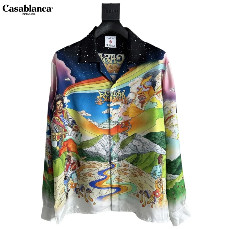 

CASABLANCA Tshirt 100% Silk Best Version T shirt Man Printed Women Men Long Sleeve Shirts Loose Fit Oversized Men Casual Shirts