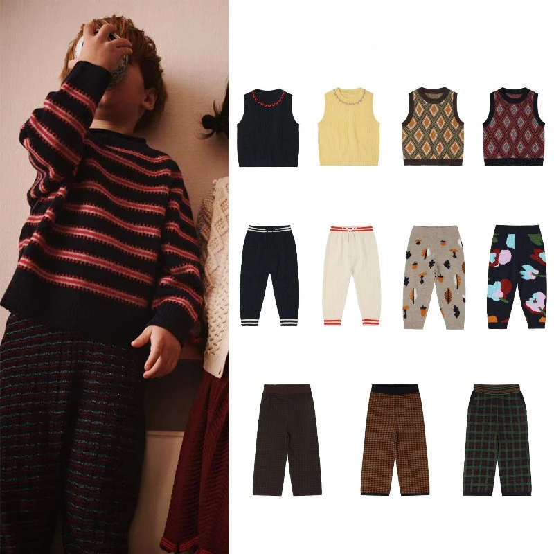 Ins-style AW25 الخريف والشتاء مجموعات الأطفال ارتداء محبوك سترة جاكار سترة صبي فتاة طويلة الأكمام بولو سترة السراويل