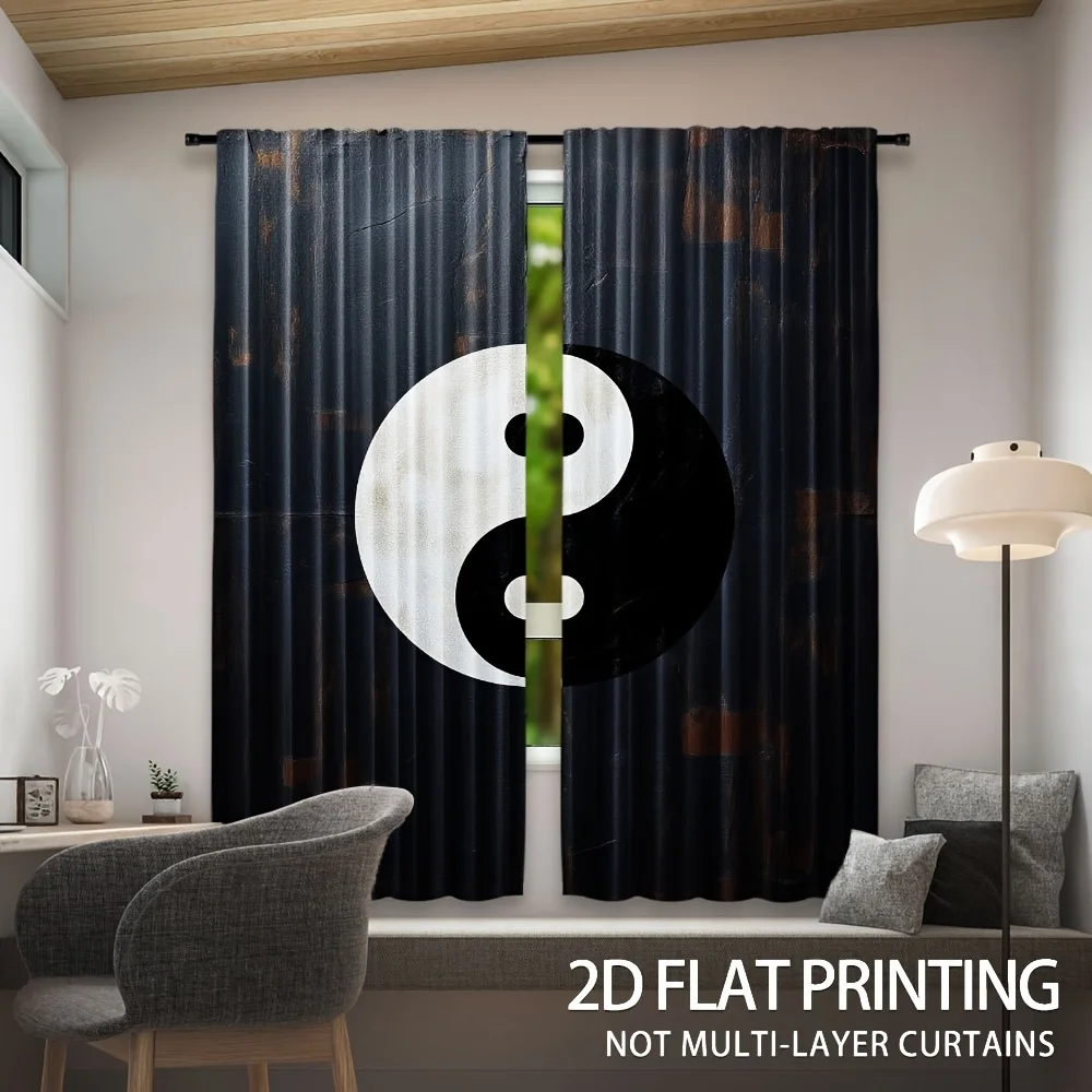 Yin Yang Symbol Curtain, Taoism Balance Print Drape, Zen Oriental Window Treatment for Living Room Bedroom Home Decor