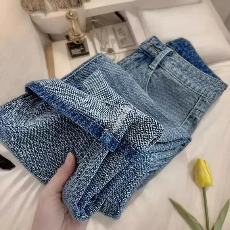 ارتفاع الخصر واسعة الساق مستقيم فضفاض الجينز الملابس النسائية الخريف الشتاء جديد Bootcut بنطلون ل الكمثرى شكل الجسم سليم صالح
