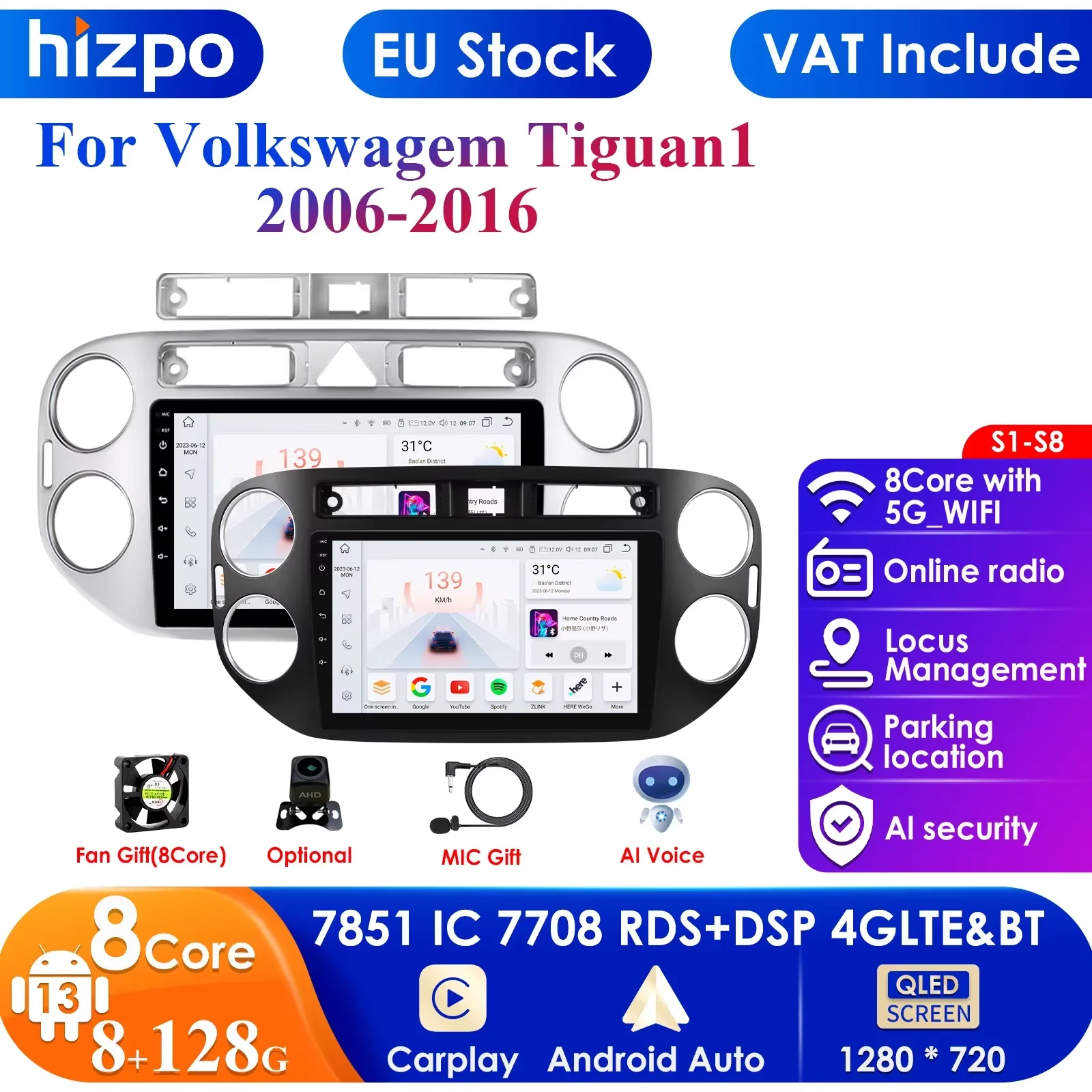 Hizpo AI Intelligent Player Carplay 4G 2Din Android 13 Car Radio for VW Volkswagen Tiguan 1 NF Multimedia Video WIFI 360 Camera