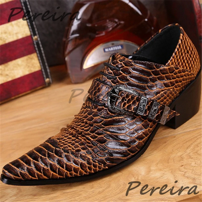 Trendy Pointed Toe High Heel Formal Oxfords Serpentine Leather Metal Buckle Business Dress Shoes Party Banquet Gentleman's Shoes