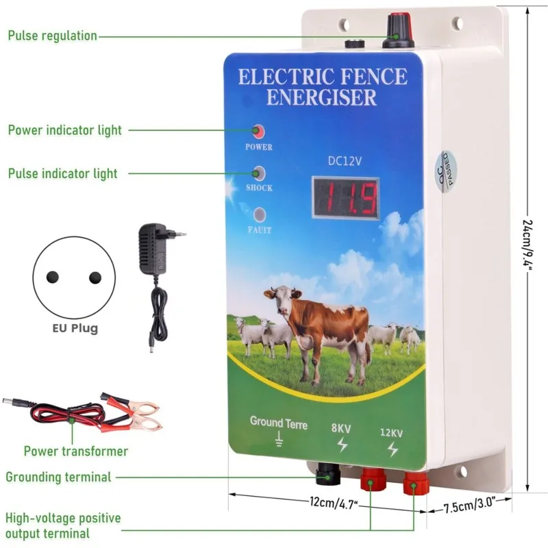 TFORU-EU Plug Electric Fence 12KV Digital Waterproof Kit For Farm Animals, Poultry, Ranches And Gardens
