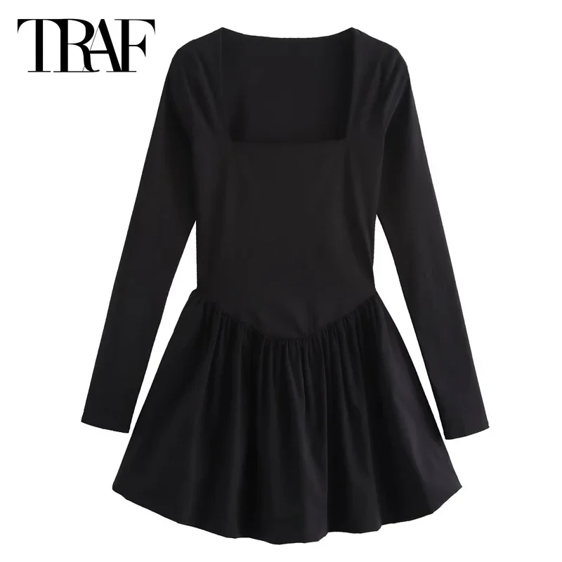 TRAF Pleated Short Dresses Womens Dresses Mini Balloon Long Sleeve Vestidos Women's Dress Black Square Collar Dress Casual Dress