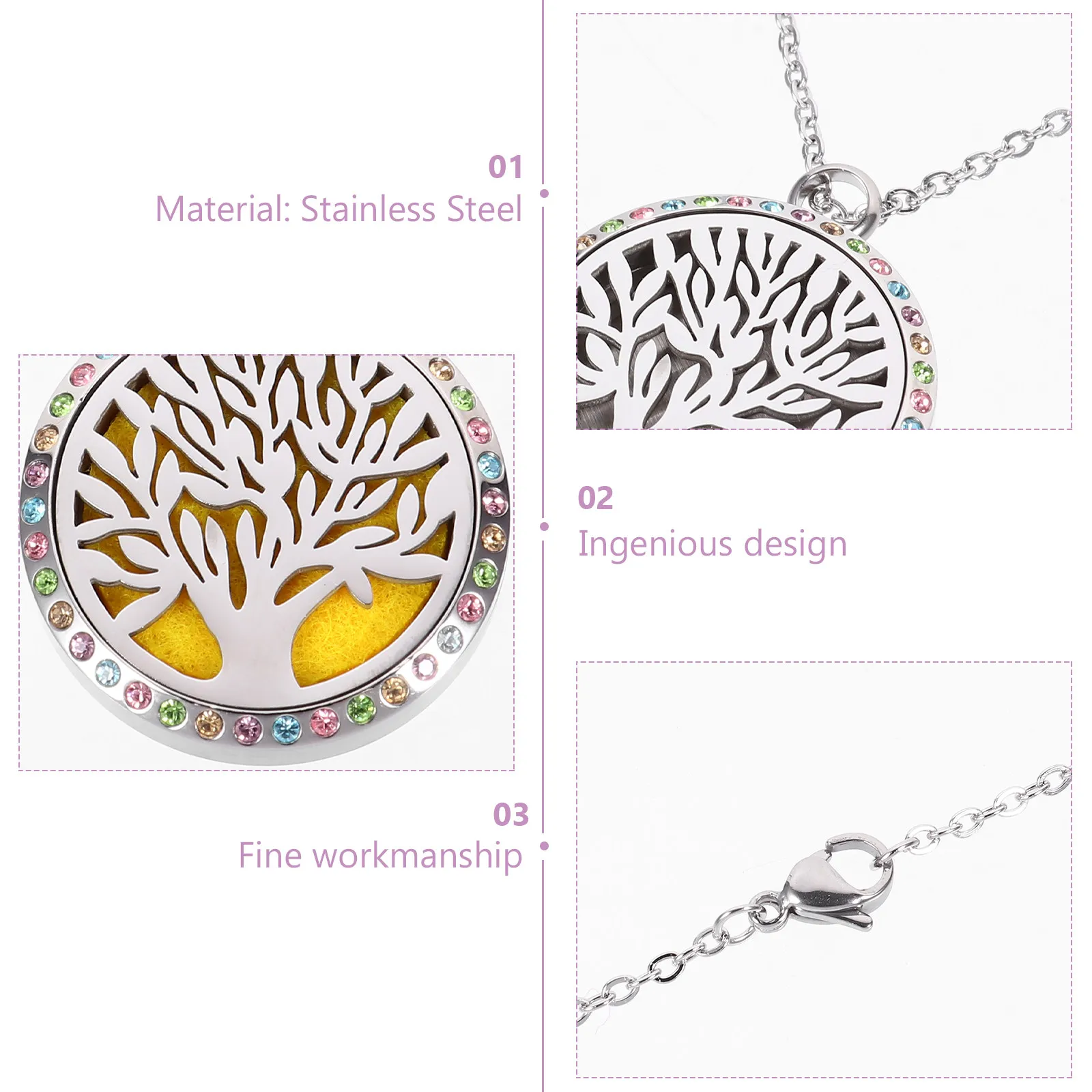 1Set Silver Aromatherapy Essential Oil Diffuser Necklace Tree Pendant Easy Replace Felt Pad Stylish Neck Decor