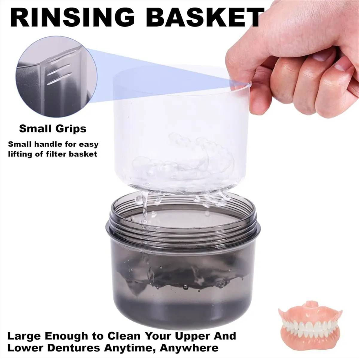 [NEW] Denture Case,Leak Proof Denture Bath Cup for Travel,Denture Container Cups for Soaking Full & Partial Dentures Dark Gray