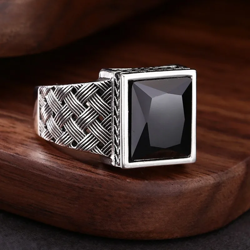 S925 Sterling Silver Open Ring With Retro And Trendy Personality Woven Pattern Square Black Zircon Ring