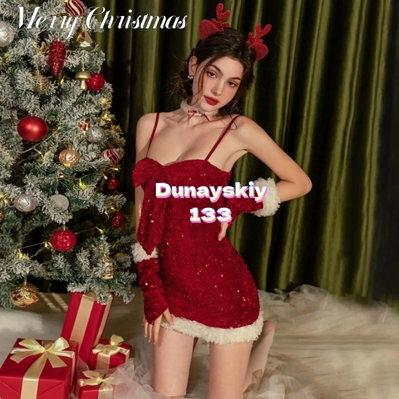 

Stylish Sexy Bow Velvet Christmas Party Dress Adult Lady New Design Sweet Xmas New Year Cosplay Night Outfits