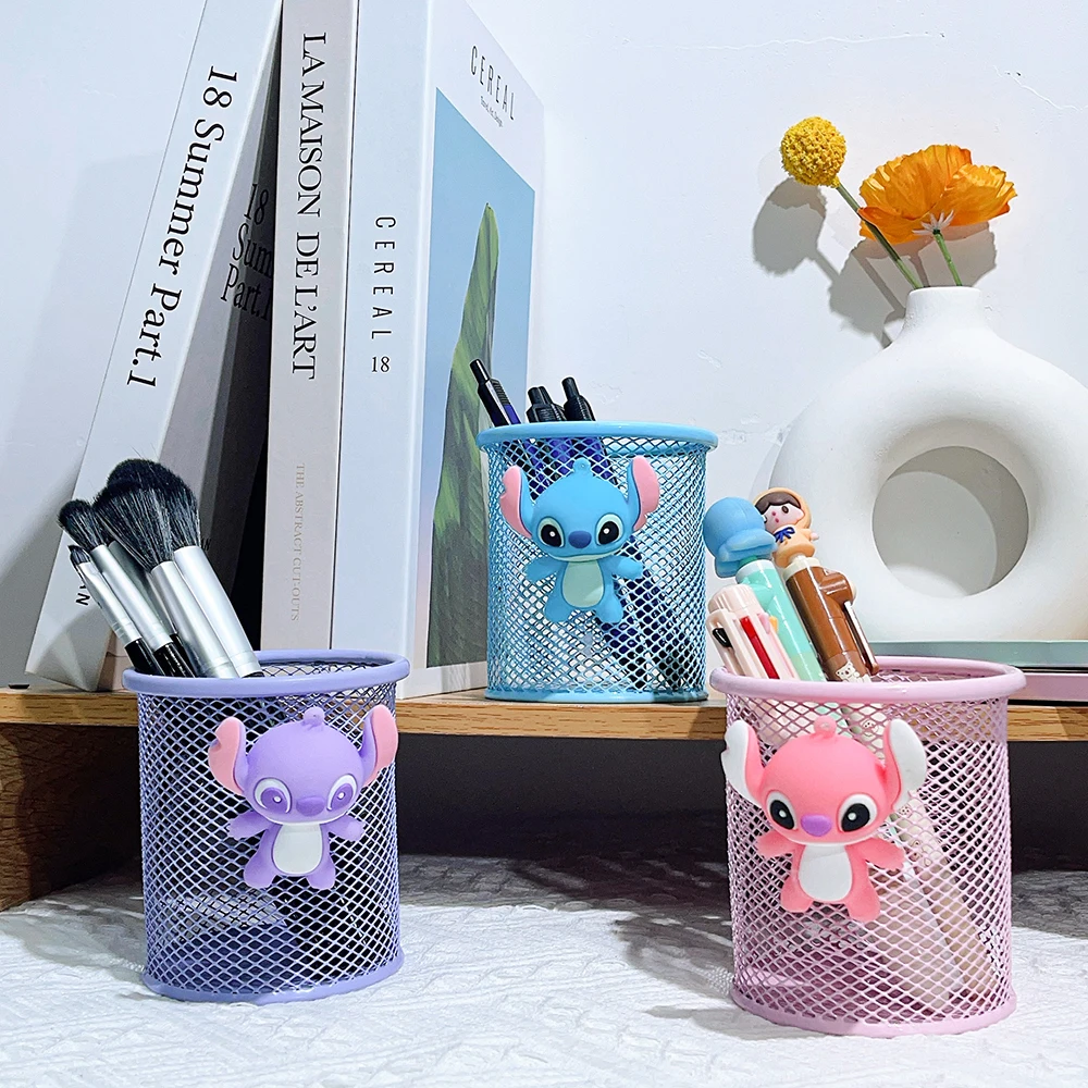 Disney Stitch Doll Design Metal Mesh Pen Holder - Square/Round Desk Organiser Container, Durable IP Pencil Case for Fans