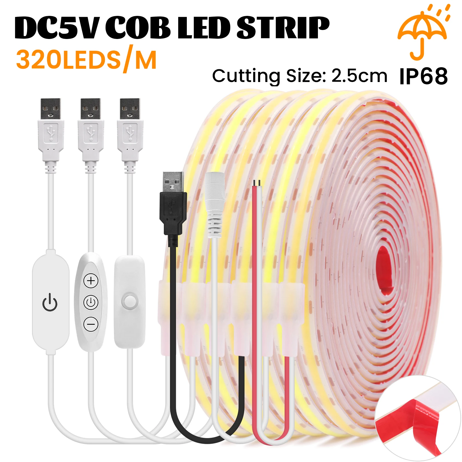 IP68 Waterproof USB COB LED Strip Light 5V 320LEDs High Bright Flexible Tape with Dimmer Switch 10mm Width for Outdoor Lighting