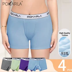 POKARLA 4PCS Women’s Cotton Boxer Underwear Ladies Soft Safety Panties Female Breathable Inseam Briefs Set Boy Shorts Plus Size