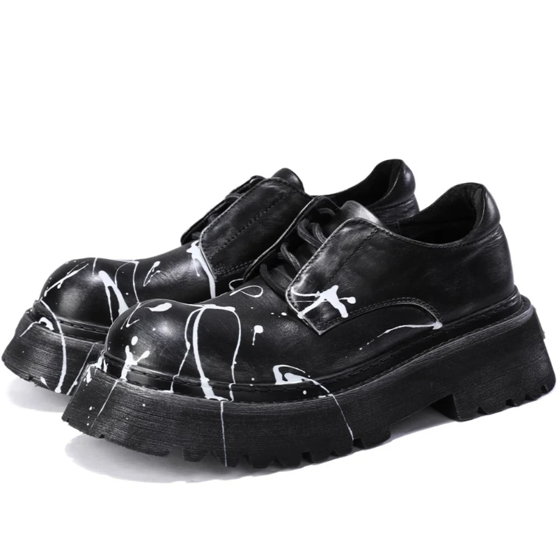 British Hand Drawn Graffiti Derby Shoes for Men's Lightweight Thick Bottom Height Increasing Shoes Genuine Leather Casual Shoes