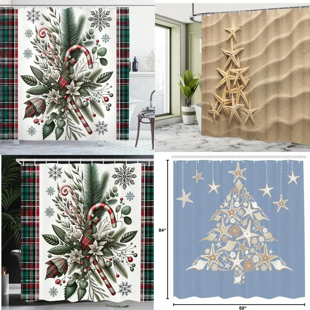 

holiday plaid shower curtain with classic lace and festive pine leaves & candy accents