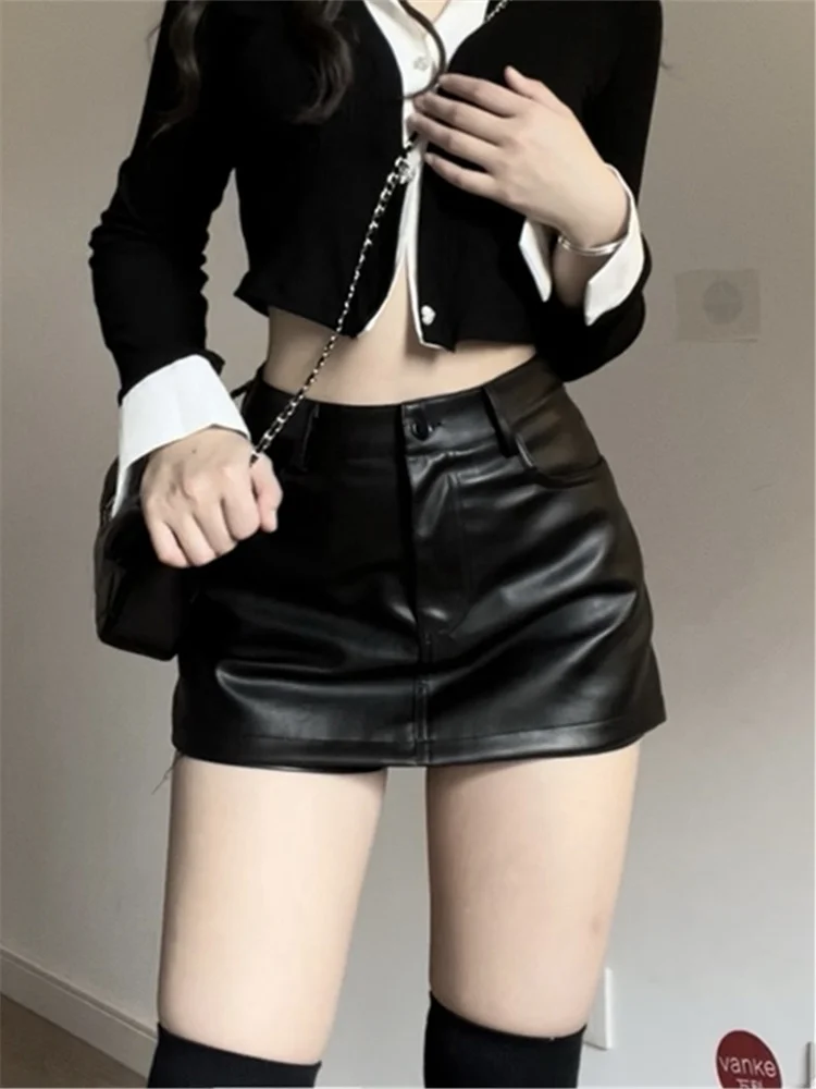 

Глянцевая черная юбка из искусственной кожи с высокой талией, А-силуэт, женская, весенняя новинка, утягивающая, средней длины, в корейском стиле, для офиса