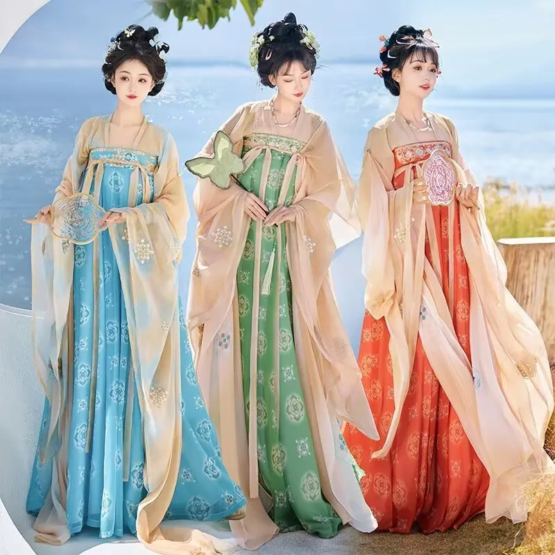 ชุดคอสเพลย์งานปาร์ตี้ ชุดเต้นรำ ชุดฮันฝูใหม่ปี 2025 ชุดฮันฝูผู้หญิงสไตล์จีนโบราณ สีเขียว น้ำเงิน ส้ม
