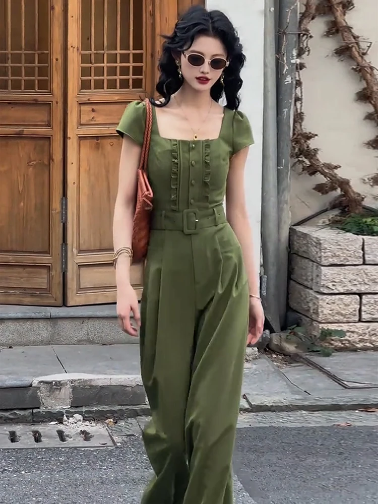 

Korean style commute casual jumpsuit women's 2025 summer new fashion high waisted temperament jumpsuit lace wide leg pants