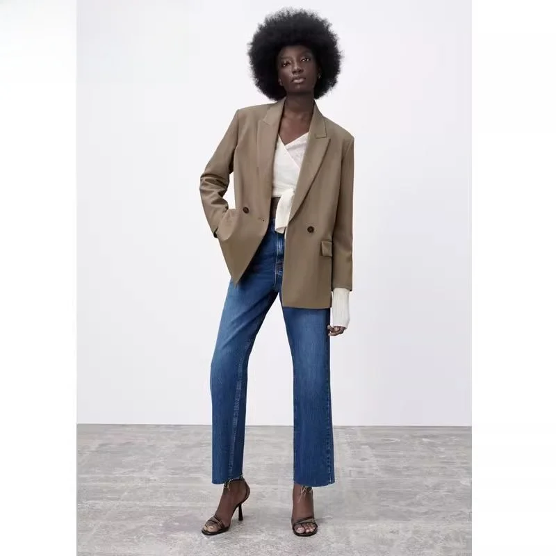 

Casual Sle Double Breasted Women's Suit Jaet Spring Autumn New Arrival Versatile Loose Fit Polyester Long Sve Pure Color