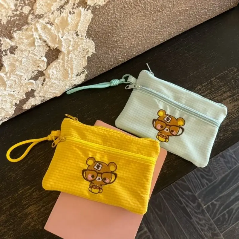 Sac de rangement double couche en tissu à carreaux brodé Rilakkuma pour documents importants de la maison, lunettes, passeport et cartes bancaires
