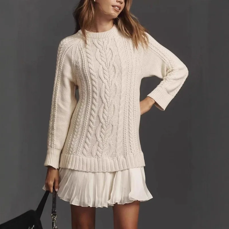 

2026 Woman Sweater Knitted Fashion Long Sleeves Commuting Homewear Simple Style Casual Loose Solid Color Dress Vestidos Dresses