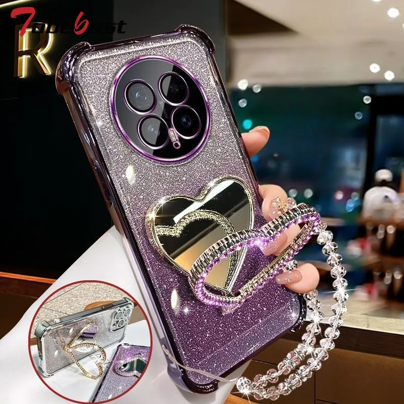Funda para Honor Magic 8 7 Lite 6 5 4 3 Pro Air Glitter Love con soporte de espejo de maquillaje, pulsera de cristal y cubierta de silicona a prueba de golpes
