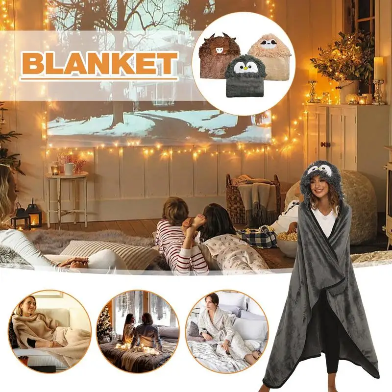 

Hoodie Throw Cloak Wrap Hooded Cloak Blanket Animal Sloth Penguin Yak Cartoon Embroidered Double-sided Blanket Flannel Blanket