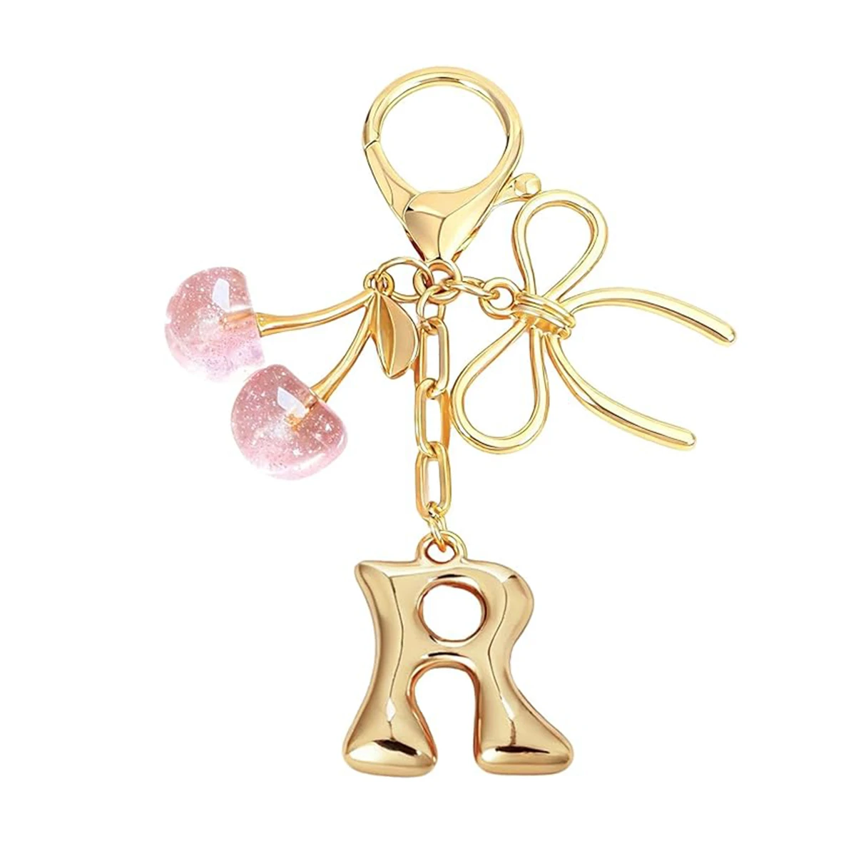 Gold Letter Bubble Initial Keychain with Bow & Cherry, Cute Handbag Accessory