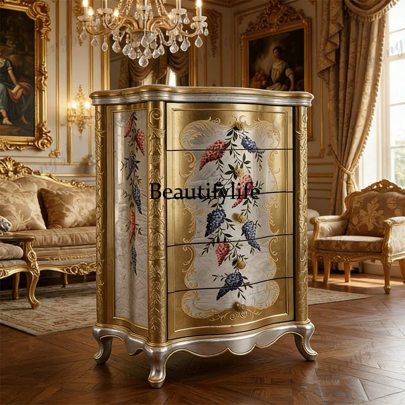 Retro chest of drawers solid wood multi-layer hand-painted gold and silver foil household French decorative locker