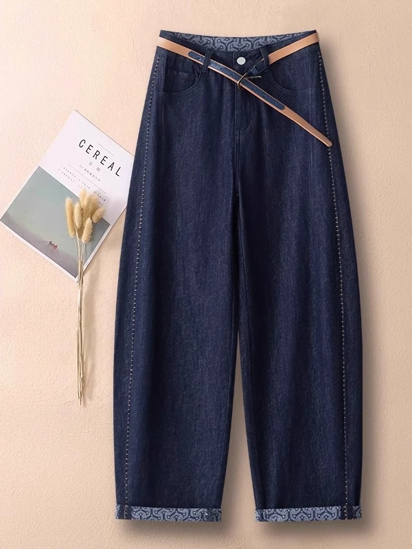 

plus Size 300 Pounds American Retro Knife Jeans Men Women Autumn Cuffed Loose Nine Point Scythe Banana Pants Casual Wear