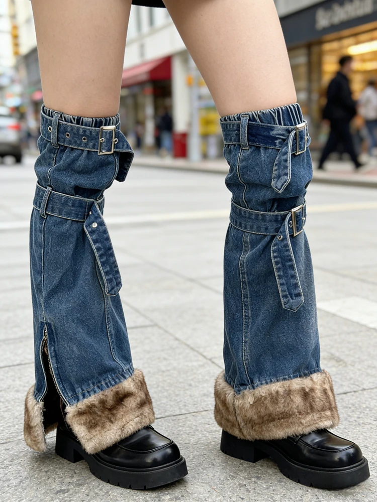 PBAP Belted Denim Leg Warmers Winter Patchwork Faux Fur Do Old Zipper Split Knee Long Jeans Boot Cover Vintage Women Streetwear