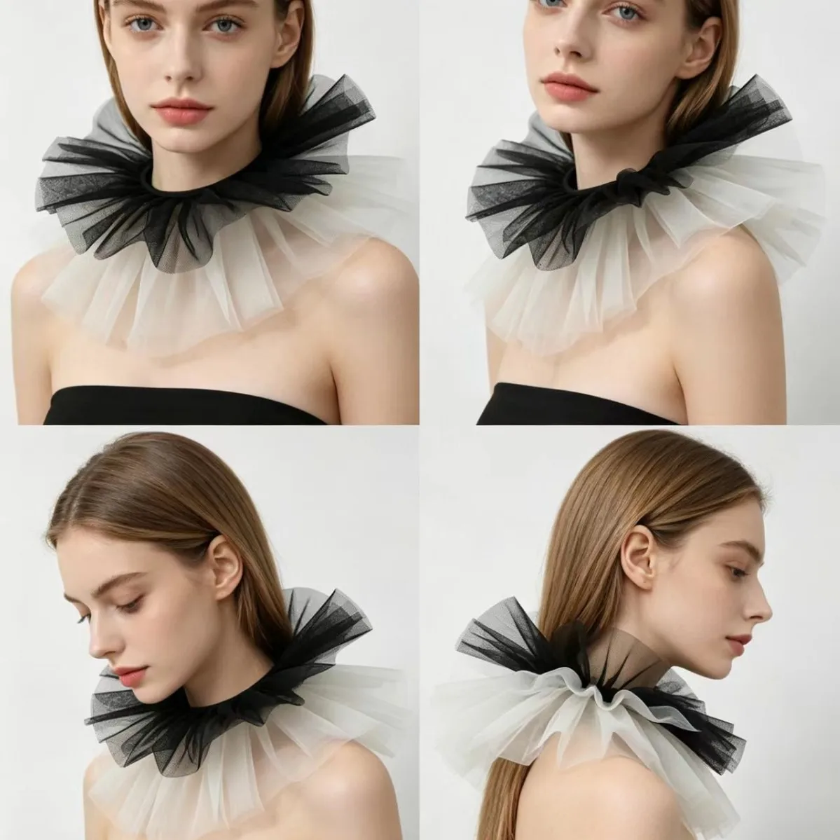 Black and White Two-Tone Clown Layered Mesh Faux Collar Accessory for Stage Performance Cosplay
