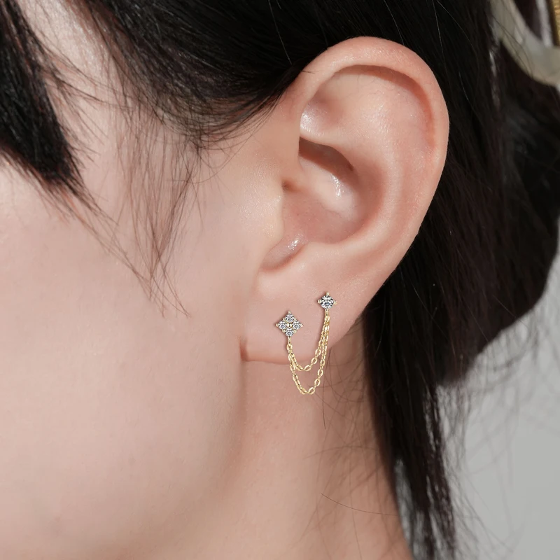 Lnngy 925 Sterling Silber Doppel Ohrstecker Kette Quaste Ohrringe Zertifiziert 3mm & 2mm Blume Moissanit Tropfen Ohrring für Frauen Geschenk – Detail 6