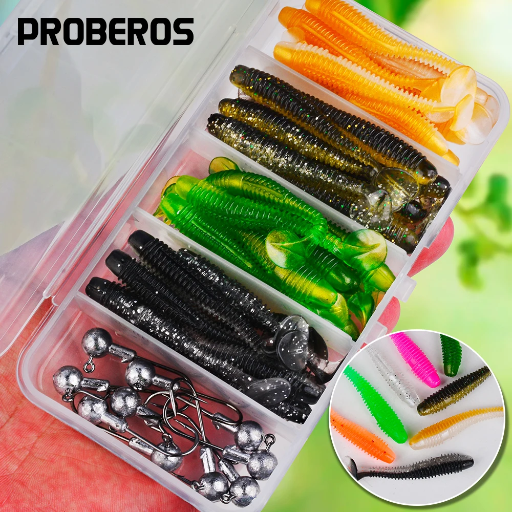 Proberos 50 teile/schachtel Weiche Angeln Köder Kit Silikon Köder Set Künstliche Köder Wurm mit Kurbel Jig Kopf Haken Angelgerät